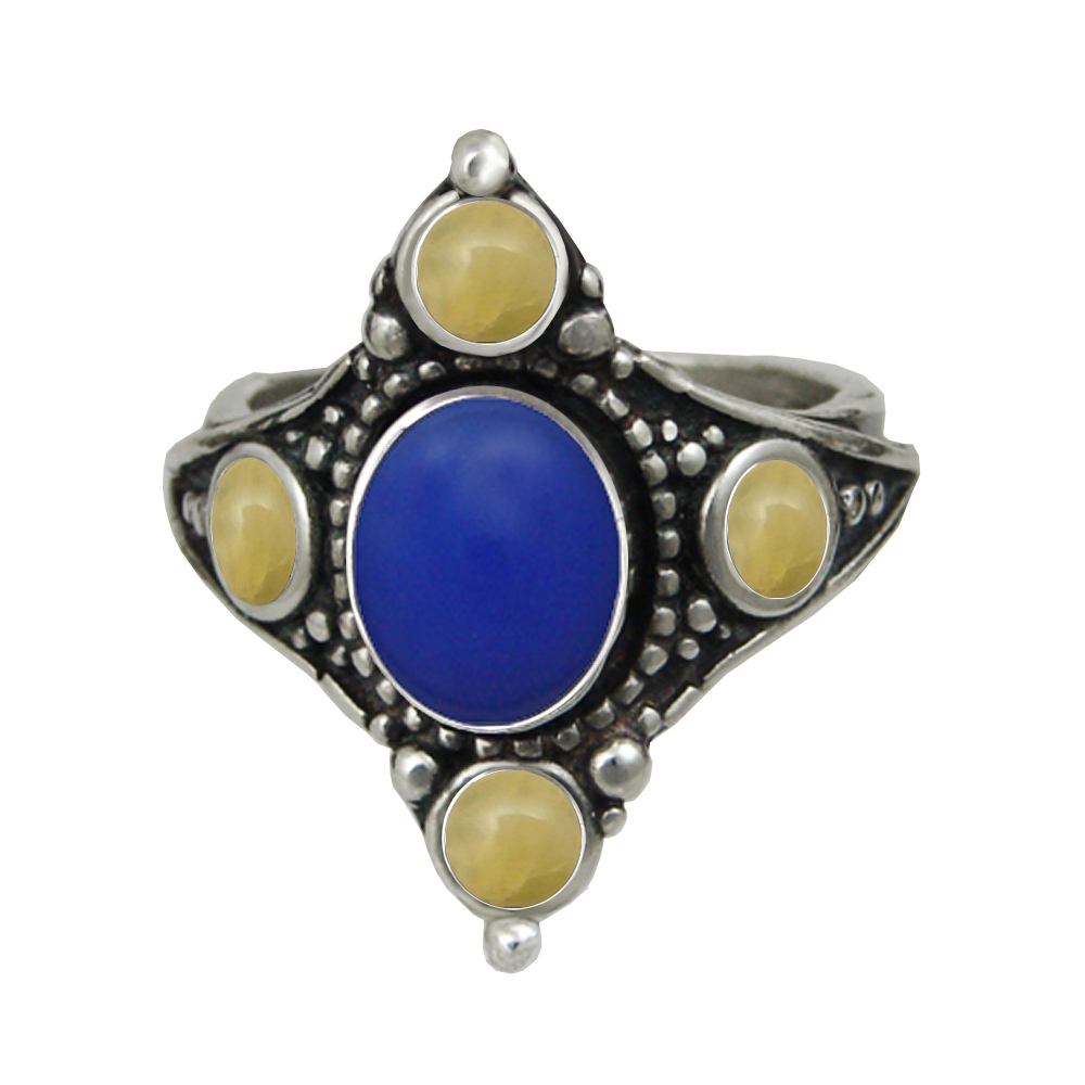 Sterling Silver Renaissance Queen's Ring With Blue Onyx And Yellow Aragonite Size 12 Sterling Silver Renaissance Queen's Ring With Blue Onyx And Yellow Aragonite Size 12
